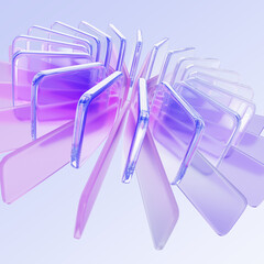 Fototapeta premium Radial glass circle pattern with holographic gradient, purple concentric ring of transparent square and rectangle shapes on light blue 3d background. Abstract circular array effect. 3D illustration