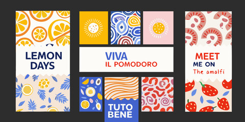 Italian summer food posters vibrant citrus and fruit themed vector illustrations © Lolita