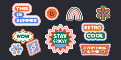 Fototapeta premium Retro sticker pack with groovy typography and colorful designs