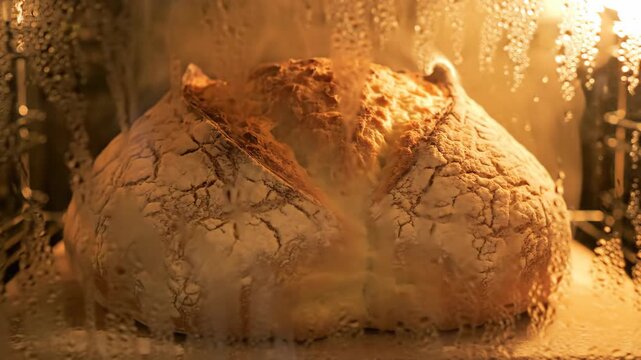 Sourdough loaf baking in a hot oven viewed through condensation-covered glass, highlighting the textured golden crust and steam.