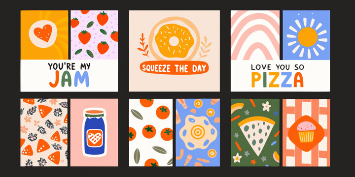 retro food pun greeting cards with illustrations and playful typography