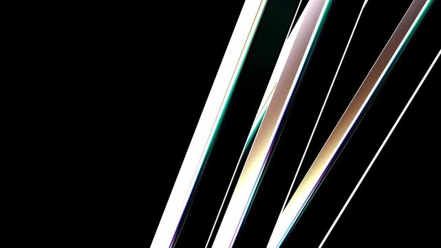 Abstract light beams in a dynamic diagonal composition with iridescent edges and chromatic aberration effects against a dark background creating a futuristic tech aesthetic