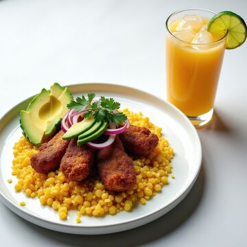 Fried pork pieces with hominy and avocado slices served on white plate. Orange juice with lime and ice in glass next to meal. Traditional ecuadorian fritada.