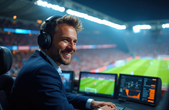 Sports analyst with headphones smiles at camera, reviews game data on monitors. Man works in stadium booth during football match, enjoys professional broadcast job.