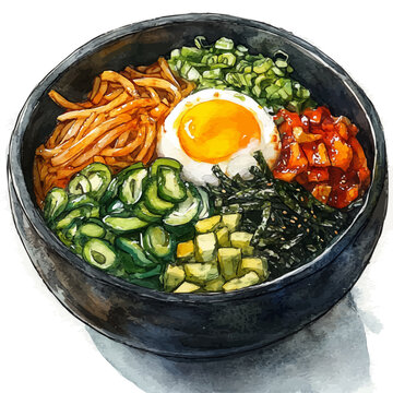 watercolor hand-drawn of Bibimbap, isolated on a white background.