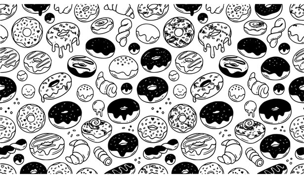 Doodle donut seamless pattern vector bakery packaging background illustration