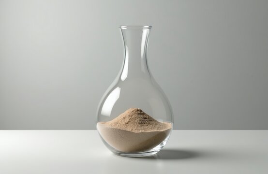 Transparent glass vase holds beige sand pile. Concept of time measurement resource depletion climate change and energy storage ideas. Minimalist design object.