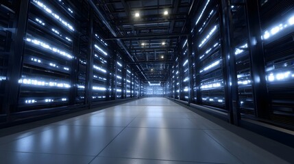 Obraz premium A vast technologically advanced server room illuminated by glowing blue lights and intricate rows of computing hardware