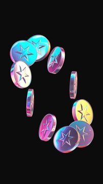 Spinning iridescent star tokens in a vertical layout with vibrant magenta and cyan highlights showcasing virtual assets and gamified financial technology for genz users