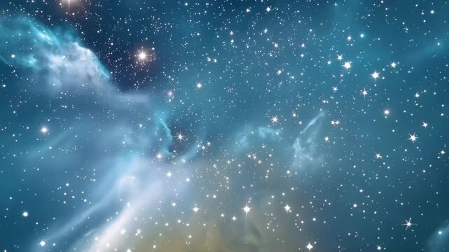 Stars shine bright in the night sky over clouds with swirling colors seen from a distant perspective in space