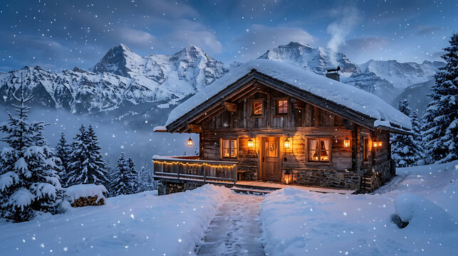 Illuminated wooden chalet in a snow-covered mountain wilderness with mountain