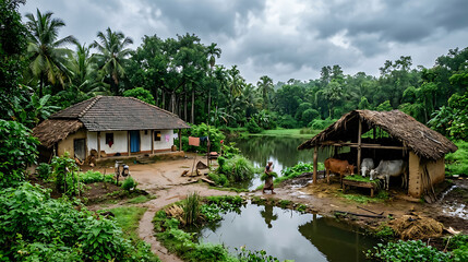 Fototapeta premium Overcast day in a lush green rural village with houses and cattle, overcast