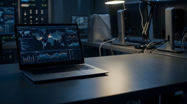 A high-tech control room with a laptop displaying a world map and data on its screen. The scene is futuristic and filled with advanced technology