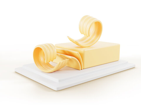 3D butter dish with block of butter and curl. Soft yellow slices with swirls of margarine or vegan vegetable spread on white plate. Rolled creamy dairy product, natural breakfast food. 3D illustration