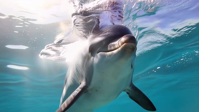 アクア背景で微笑むイルカの水中ポートレート、爽快な余白写真