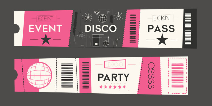 Event ticket templates in a minimalist style with disco and party themes