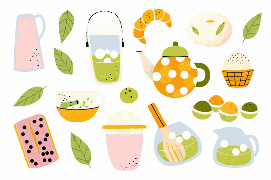 Kawaii matcha tea and dessert illustration set colorful vector graphics
