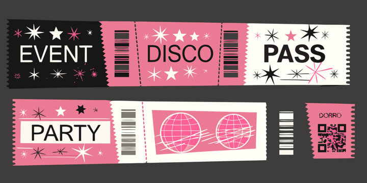 Event tickets disco and party passes retro style illustration
