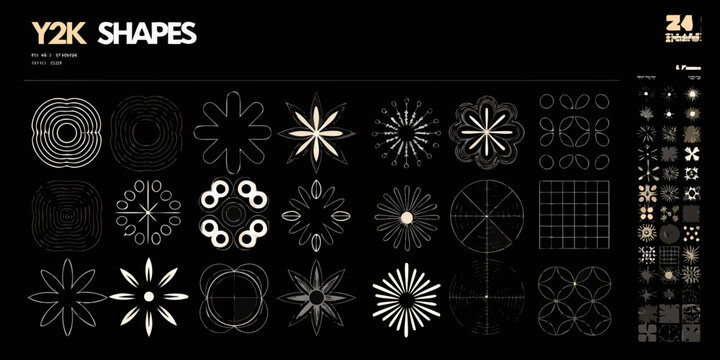Y2k geometric shapes collection abstract line art grid on black background