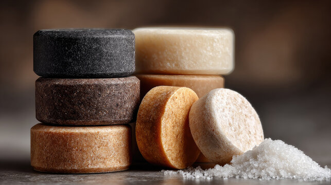 Solid shampoo and cleanser bars in various natural colors, representing sustainable beauty, zero waste lifestyle, eco friendly toiletries, and plastic free travel kits