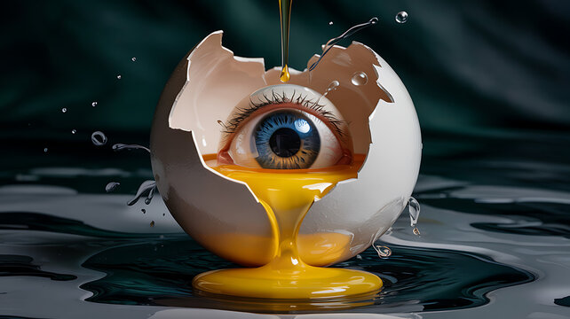 Surreal Eye-dea: A visually striking composition featuring a cracked eggshell revealing a human eye, with yolk cascading out.