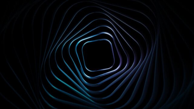 Abstract geometric tunnel with spiral glowing lines in blue and purple hues creating a sense of depth and technological perspective in a dark digital space