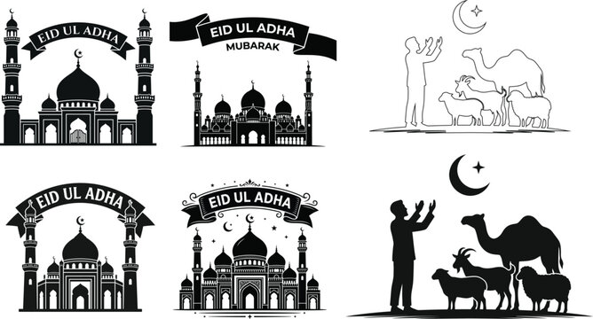 Eid Ul Adha Mubarak graphic collection featuring mosque silhouettes and ritual animal sacrifices.