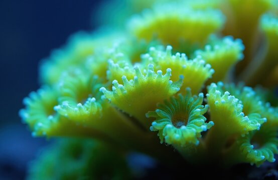 Bright yellow coral colony grows in dark blue water. Tiny tentacles fringe polyps with blue tips. Macro view shows intricate structure of underwater life.