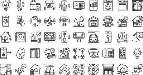 Smart home automation outline icon set with connected devices security sensors and energy management symbols for app design © Tammim