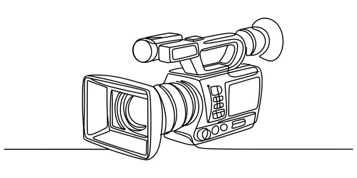 Continuous single line drawing of a professional video camera used for filming movies and television production in a simple minimalist black outline style