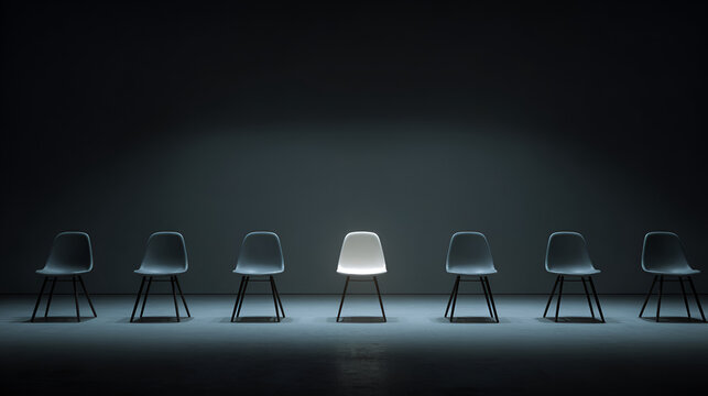 Illuminated Chair Among Empty Seats Concept of Leadership and Individuality