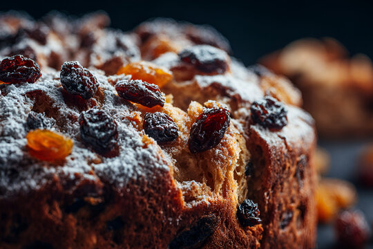 Traditional Easter Bread with Raisins and Powdered Sugar Close Up