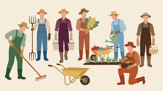 Diverse group of farmers and gardeners working with fresh produce and tools
