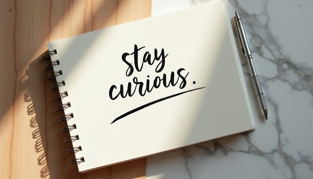 Notebook page features text Stay Curious in cursive script. Beside it lies a metal pen on marble surface. Natural light casts long shadows. Concept for education, learning or motivation.
