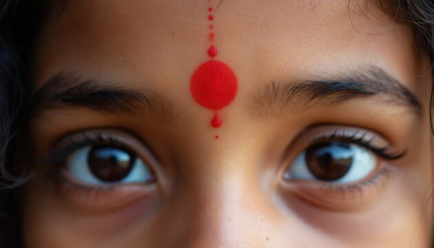 Macro shot of young girl forehead with red bindi dot. Eyes look forward. Traditional Indian culture mark is centered above eyebrows. Skin detail visible.