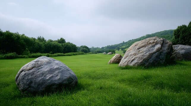 Large boulders rest in a lush verdant meadow field bordered by dense forest and rolling hills under a soft natural sky