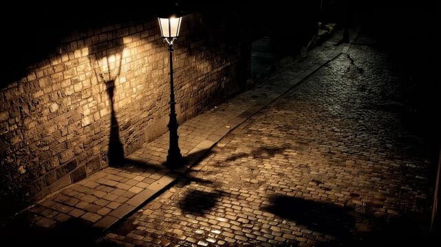 Night street scene with gas lamp and cobblestone path in a quiet urban area
