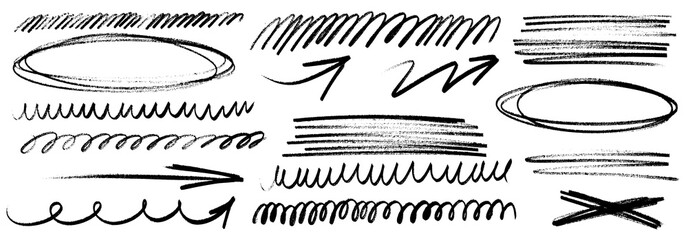 Fototapeta na wymiar Doodle arrows and chalk lines, crayon scribble highlights. Pen underline, highlight marks, crayon sketches with arrow accents.