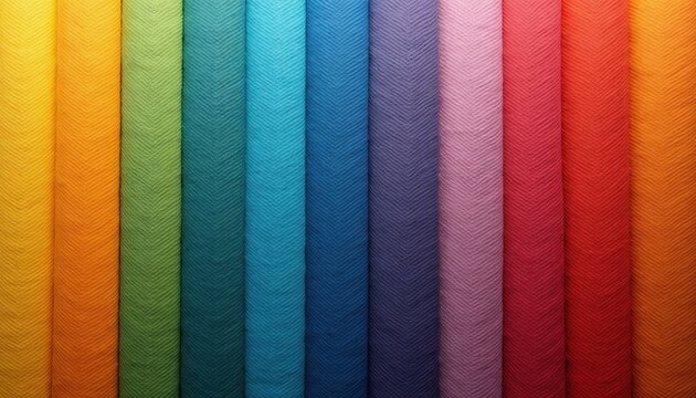 Vertical fabric bands display a spectrum of colors. Each strip has a subtle chevron texture. Rolls of material arranged side by side show a rainbow of hues.