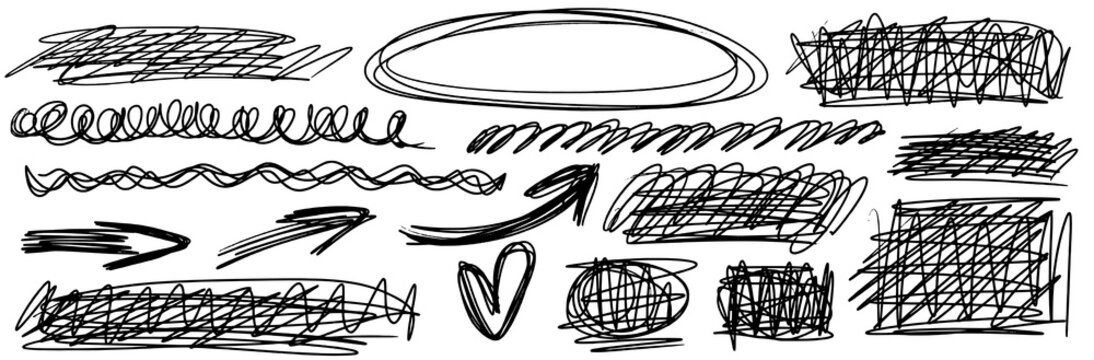 Pen scratch doodles with loopy squiggles and messy scribble circles. Expressive line texture, hand-drawn abstract ink background.