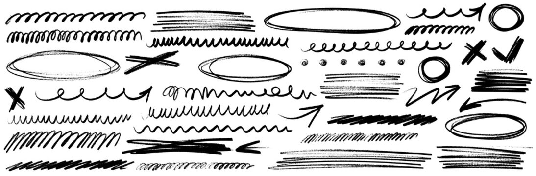 Pen underline doodles, crayon scribble lines and chalk arrows. Highlight crayon marks, arrow pointers highlight hand-drawn notes.