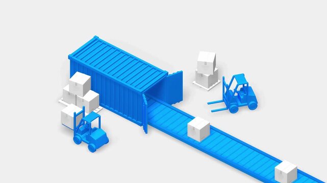 Logistics distribution center with blue shipping container and forklifts moving white boxes on a conveyor belt in a high angle isometric 3d warehouse scene