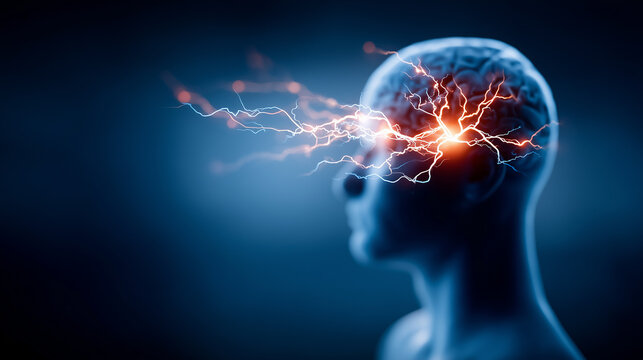 Human head with electric brain activity representing neurological signals, cognitive overload and advanced neuroscience research.
