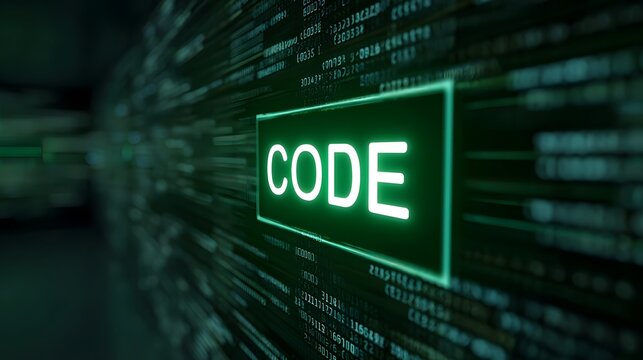 The glowing word  CODE  displayed over a complex stream of abstract digital data and binary information