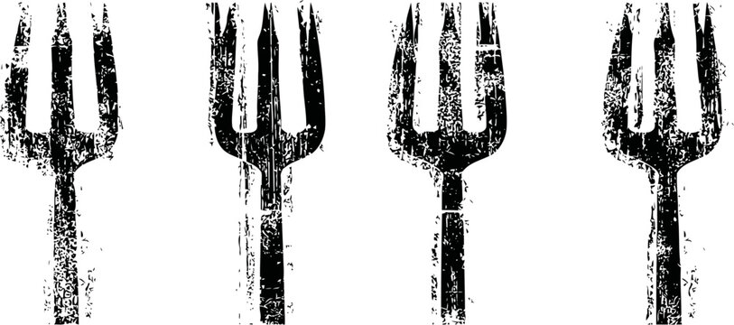 Grunge pitchfork silhouettes set in black with rough texture and vertical handles