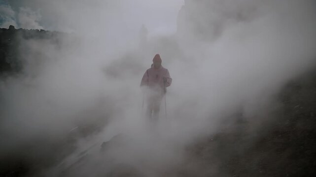 Tourist in red knit hat and pink sweatshirt walks through clouds of steam as part of group exploring volcano's crater. Slow motion. Concept of fumarolic activity