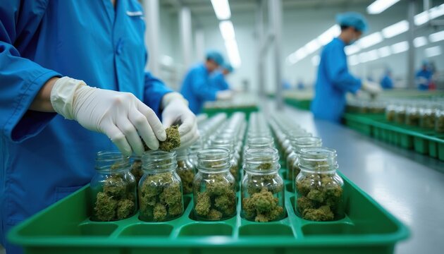 Worker carefully packages cannabis buds into small glass jars on sterile production line. Employees in blue uniforms work in clean controlled indoor grow environment. Quality product handling for