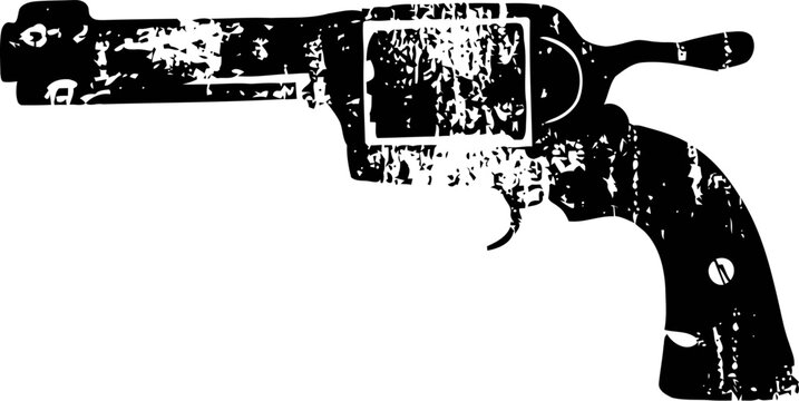 Vintage revolver silhouette with distressed texture on white background