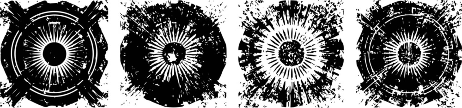 abstract circular grunge textures set with distressed radial patterns and rough ink splatters