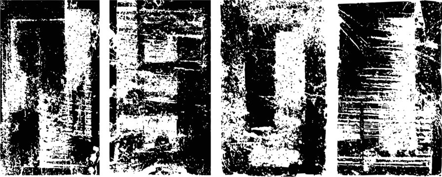 Black grunge distressed texture set rough scratched backgrounds with vintage worn overlay effects